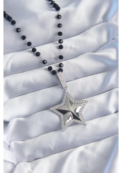 Bfs Gümüş Renk Siyah Boncuk Zirkon Taşlı Pirinç Yıldız Model Vip Seri Kadın Kolye