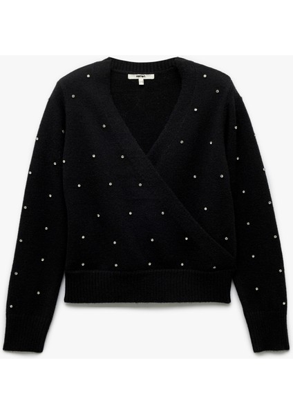 Uzun Kollu Kruvaze V Yaka Taşlı Triko Kazak modelleri