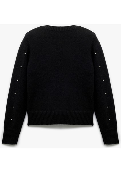 Uzun Kollu Kruvaze V Yaka Taşlı Triko Kazak fırsatları