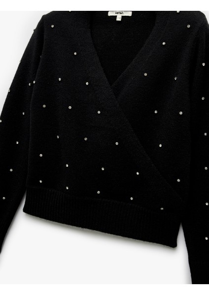 Uzun Kollu Kruvaze V Yaka Taşlı Triko Kazak indirimleri