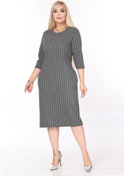 Çift Cepli Desenli Esnek Kışlık Büyük Beden Midi Elbise 44D-2710