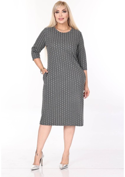 Çift Cepli Desenli Esnek Kışlık Büyük Beden Midi Elbise 44D-2710 fiyatları