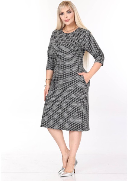 Çift Cepli Desenli Esnek Kışlık Büyük Beden Midi Elbise 44D-2710 indirimleri