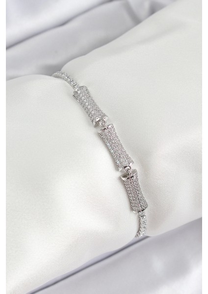 Bfs Pirinç Gümüş Renk Zirkon Taşlı Kemik Model Kadın Bileklik