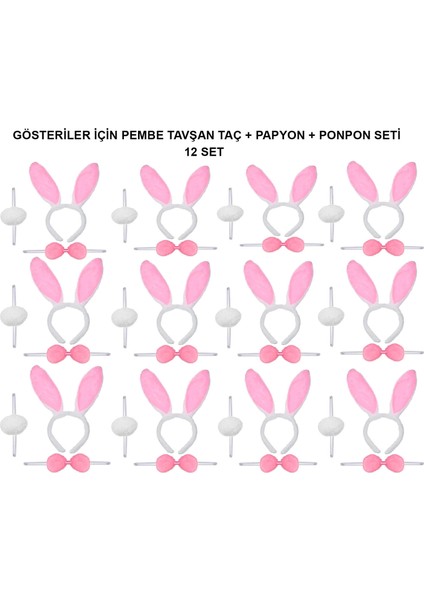 Pembe Tavşan Kostüm Seti – Taç, Papyon, Ponpon (12’li Paket)