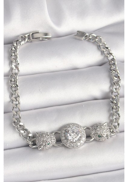 Bfs Pirinç Gümüş Renk Zirkon Taşlı Leopar Figür Zincir Model Kadın Bileklik