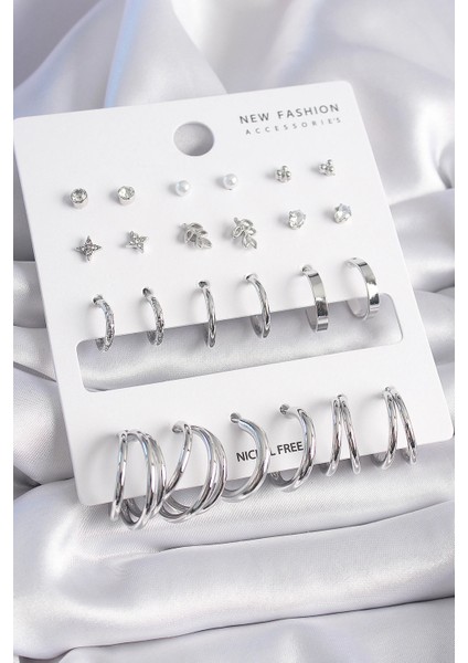 Bfs Pirinç Gümüş Renk Zirkon Taşlı 12 Çift Küpe Seti