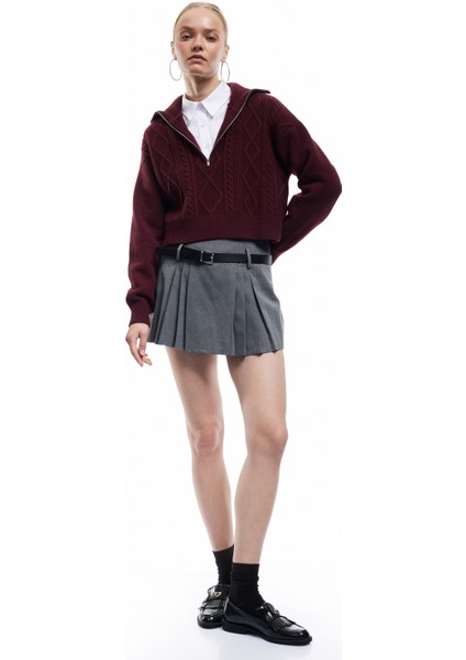 Yarım Fermuarlı Yaka Uzun Kollu Saç Örgü Dokulu Triko Kazak fiyatları