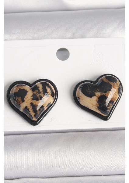 Bfs Pirinç Siyah Renk Leopar Desen 3D Kalp Model Kadın Küpe