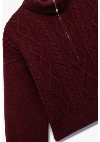 Yarım Fermuarlı Yaka Uzun Kollu Saç Örgü Dokulu Triko Kazak