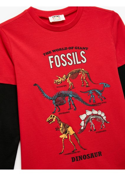 Dinozor Baskılı Uzun Kollu Pamuklu Bisiklet Yaka Tişört modelleri