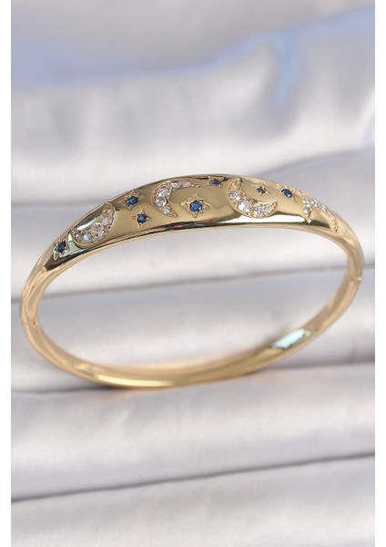 Bfs Pirinç Gold Renk Zirkon Taşlı Hilal Işleme Mavi Taşlı Yıldız Detay Kadın Kelepçe