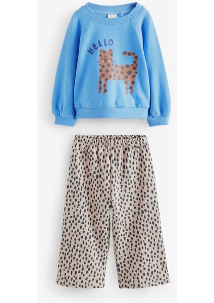 Hello Kedi Desenli Kız Çocuk 2 li takım - Açık Mavi
