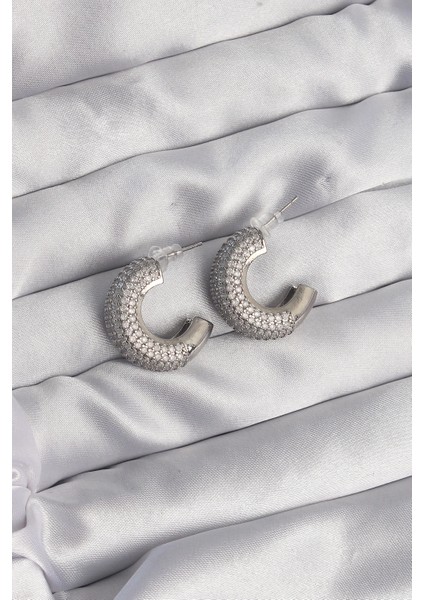 Bfs Pirinç Gümüş Renk Zirkon Taşlı Yarım Halka Küpe