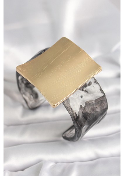 Bfs Siyah Mermer Desen Akrilik Plastik Gold Kare Plaka Model Vintage Kadın Bilezik