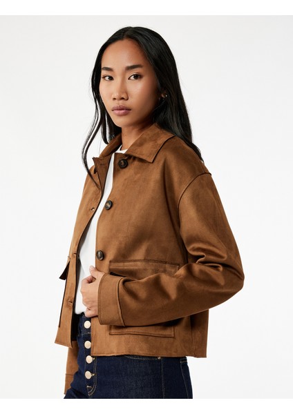 Klasik Gömlek Yaka Düğmeli Cepli Uzun Kollu Crop Suni Süet Ceket