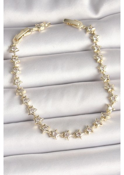 Bfs Pirinç Gold Renk Zirkon Taşlı Yıldız Model Vıp Seri Kadın Bileklik