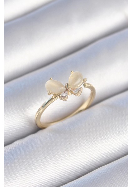 Bfs Pirinç Gold Renk Beyaz Mineli Zirkon Taşlı Kelebek Model Kadın Yüzük