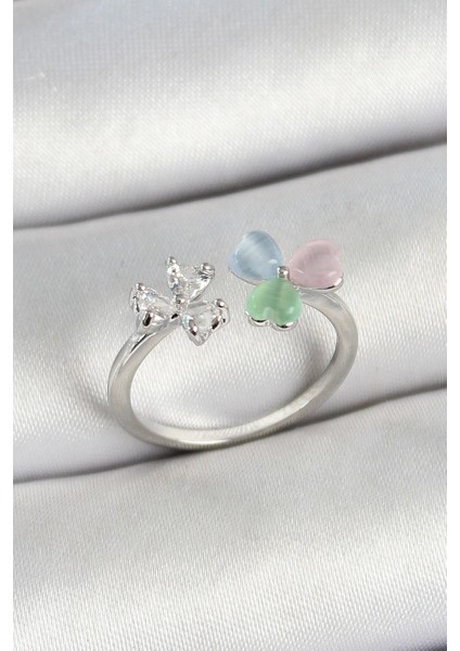 Bfs Pirinç Kalp Figürlü Zirkon Taşlı Gümüş Renk Ayarlanabilir Kadın Yüzük