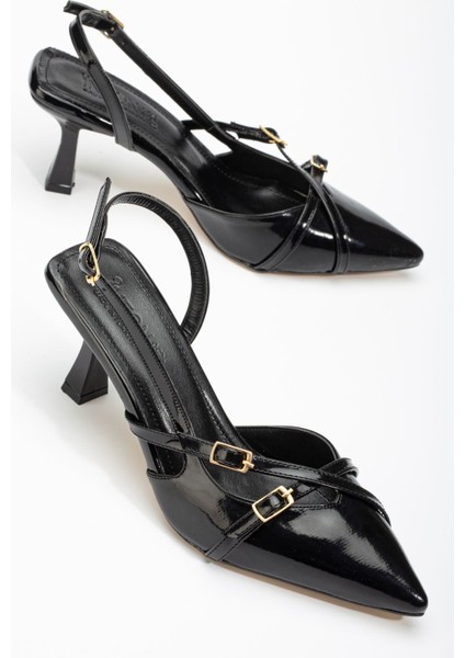 ST-005 Siyah Rugan Günlük 7 cm Topuklu Bayan Ayakkabı