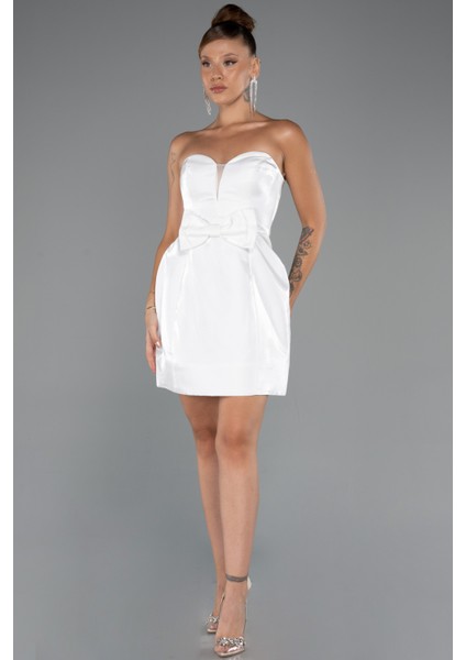 Straplez Mini Saten Gece Elbisesi ABK2439