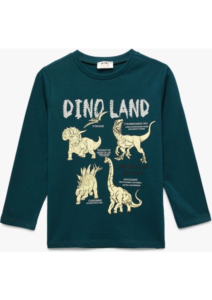 Uzun Kollu Bisiklet Yaka Pamuklu Dinozor Baskılı Tişört