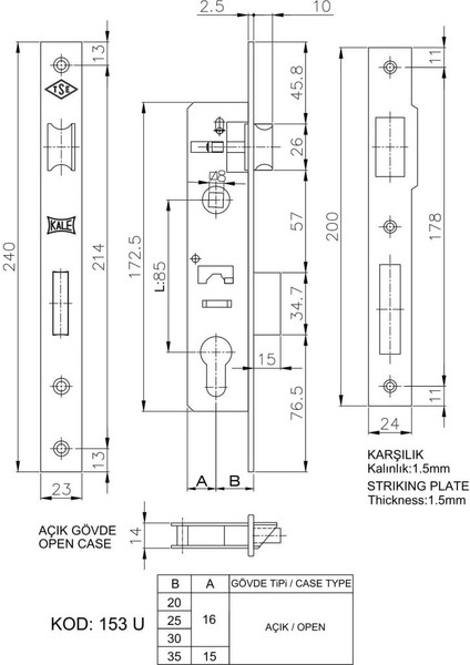 Kale 153 U 25 mm Dilli Silindirli Kilit fiyatları