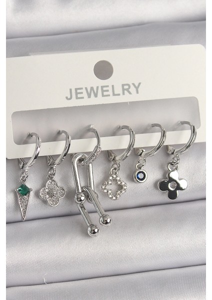 Bfs Pirinç Gümüş Renk Zirkon Taşlı Çoklu Figür Kadın Küpe Seti