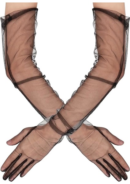 Uzun Boy Likralı Siyah Renk Yetişkin Mega Tül Eldiven 53 cm