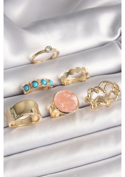 Bfs Pirinç Gold Renk Daire Pembe Mineli Zirkon Taş Detaylı 6'lı Kadın Yüzük Seti