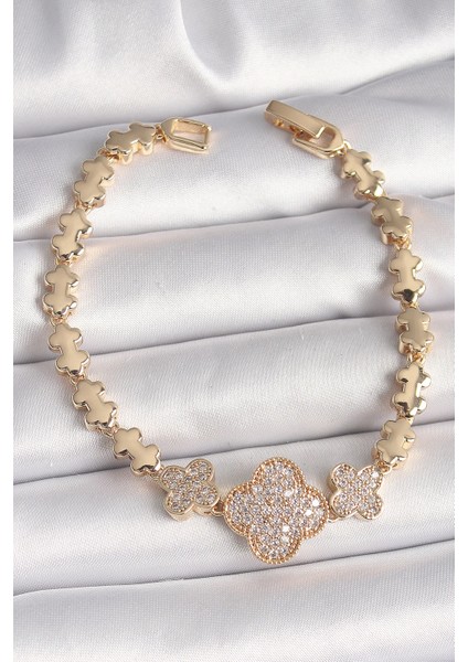 Bfs Pirinç Gold Renk Zirkon Taşlı Yonca Model Zincir Kadın Bileklik