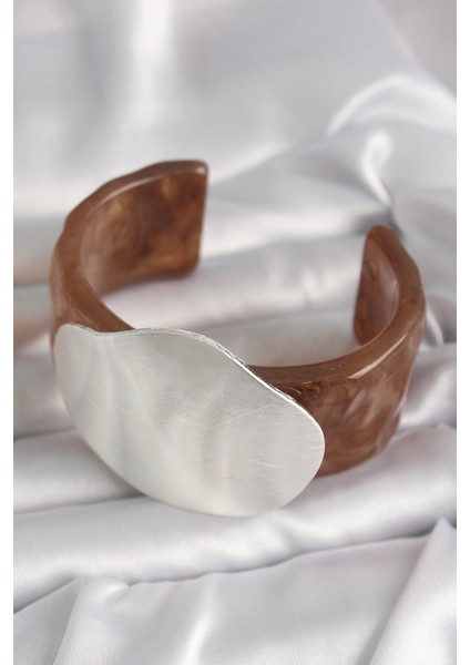 Bfs Kahverengi Mermer Desen Akrilik Plastik Gümüş Plaka Model Vintage Kadın Bilezik fiyatları