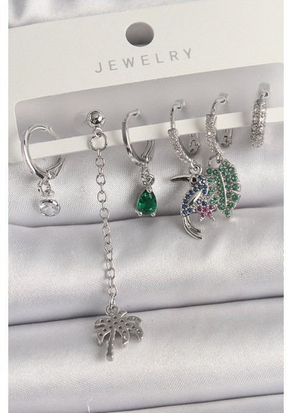 Bfs Pirinç Gümüş Renk Sallantı Zirkon Taşlı Ağaç Figür Çoklu Kadın Küpe Seti