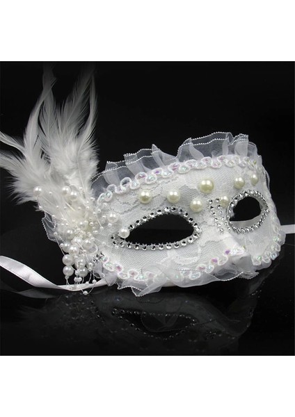 Beyaz Renk Yandan Tüylü Inci Işlemeli Taşlı Dantelli Parti Maskesi 17X12 cm fiyatları