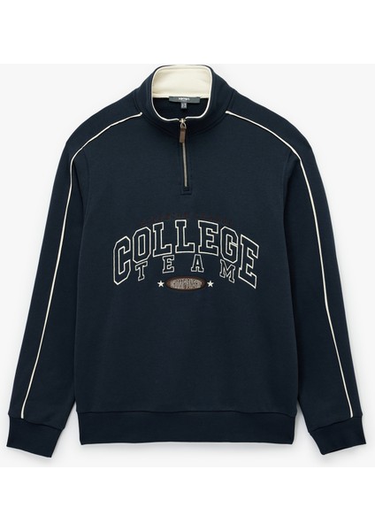 Uzun Kollu Kolej Nakışlı Renk Kontrastlı Şardonlu Yarım Fermuarlı Sweatshirt