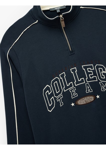 Uzun Kollu Kolej Nakışlı Renk Kontrastlı Şardonlu Yarım Fermuarlı Sweatshirt modelleri