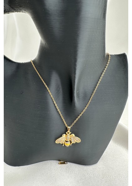 Çelik Altın Rengi Zirkon Taşlı Mineli Minimal Arı Kolye (40CM) fırsatları