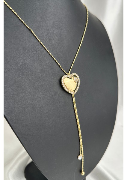 Altın Rengi Taşlı Kalp Detay Zincir Sallantılı Y Kolye