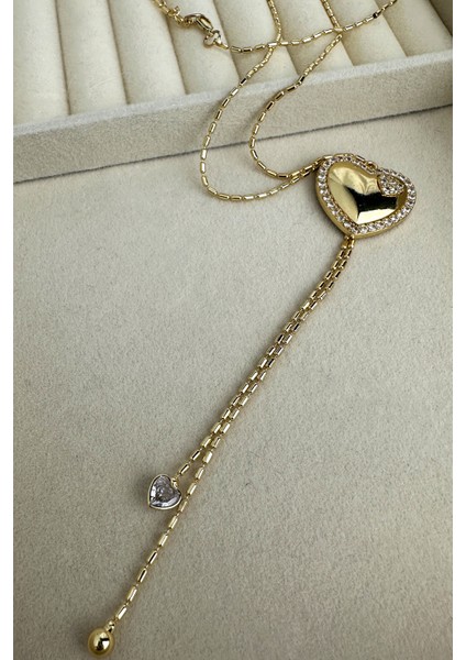 Altın Rengi Taşlı Kalp Detay Zincir Sallantılı Y Kolye modelleri