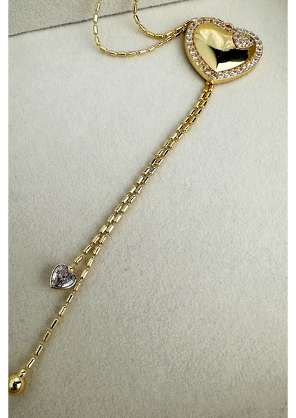 Altın Rengi Taşlı Kalp Detay Zincir Sallantılı Y Kolye fırsatları