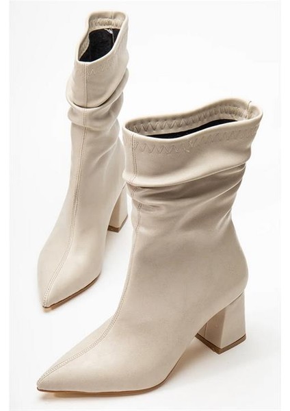Kadın Nomire Bej Deri Büzgülü Sivri Burun Kalın Topuklu Bot modelleri