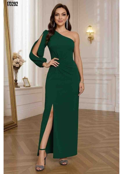 Tek Omuz Açık Derin Yırtmaçlı Krep Tam Boy Elbise, Kırmızı Gül Figürlü Kolye fiyatları