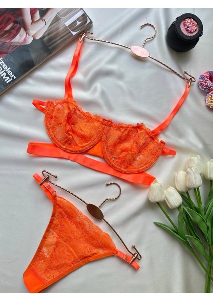 Dantel Transparan Balenli Sütyen Takımı Desteksiz Bralet String Külot 75B-90B