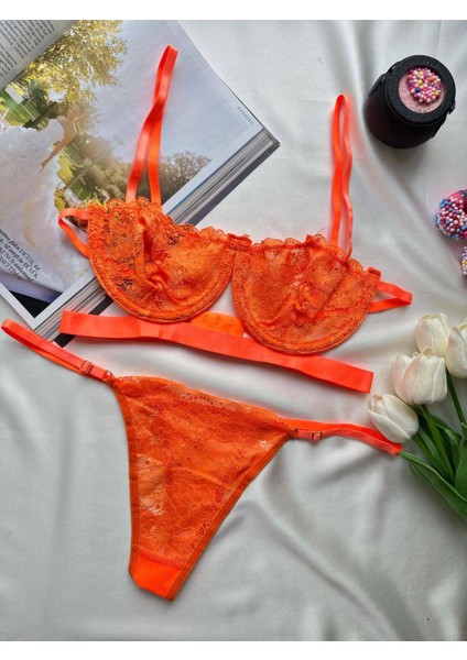 Dantel Transparan Balenli Sütyen Takımı Desteksiz Bralet String Külot 75B-90B fiyatları