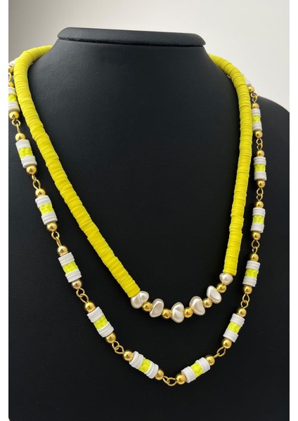 Fosforlu Sarı Ikili Fimo Kolye (Ölçü:43+5 Cm)