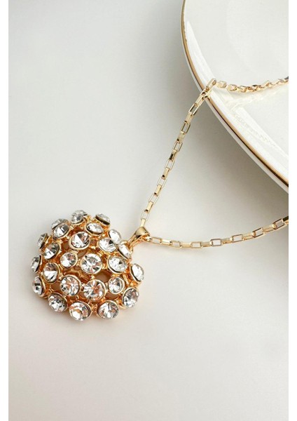 Altın Rengi Taşlı Kalp Kolye(72cm)