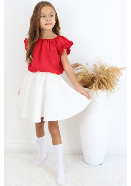 Kız Çocuk Kırmızı Bluz Krem Etek 23 Nisan 29 Ekim Gösteri Takımı fiyatları