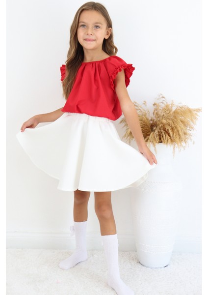 Kız Çocuk Kırmızı Bluz Krem Etek 23 Nisan 29 Ekim Gösteri Takımı modelleri