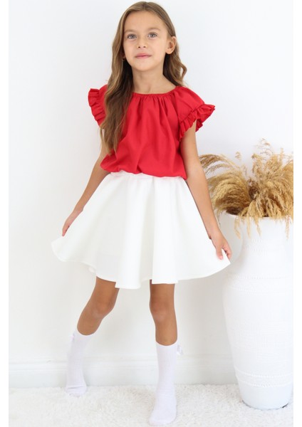 Kız Çocuk Kırmızı Bluz Krem Etek 23 Nisan 29 Ekim Gösteri Takımı fırsatları