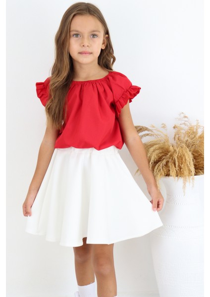 Kız Çocuk Kırmızı Bluz Krem Etek 23 Nisan 29 Ekim Gösteri Takımı